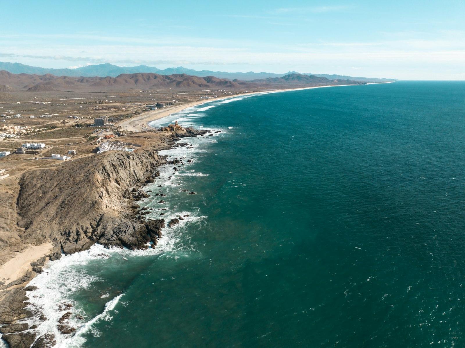 Aerial view of Cerritos Beach and its Pacific surf break in Baja California Sur
