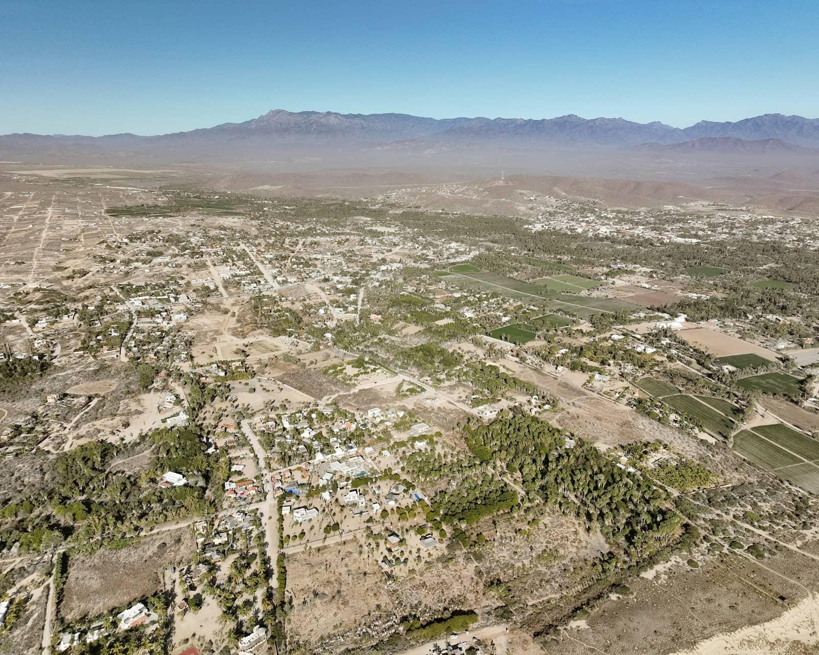 Aerial view of Todos Santos, a small desert town near the Pacific coast in Baja California Sur